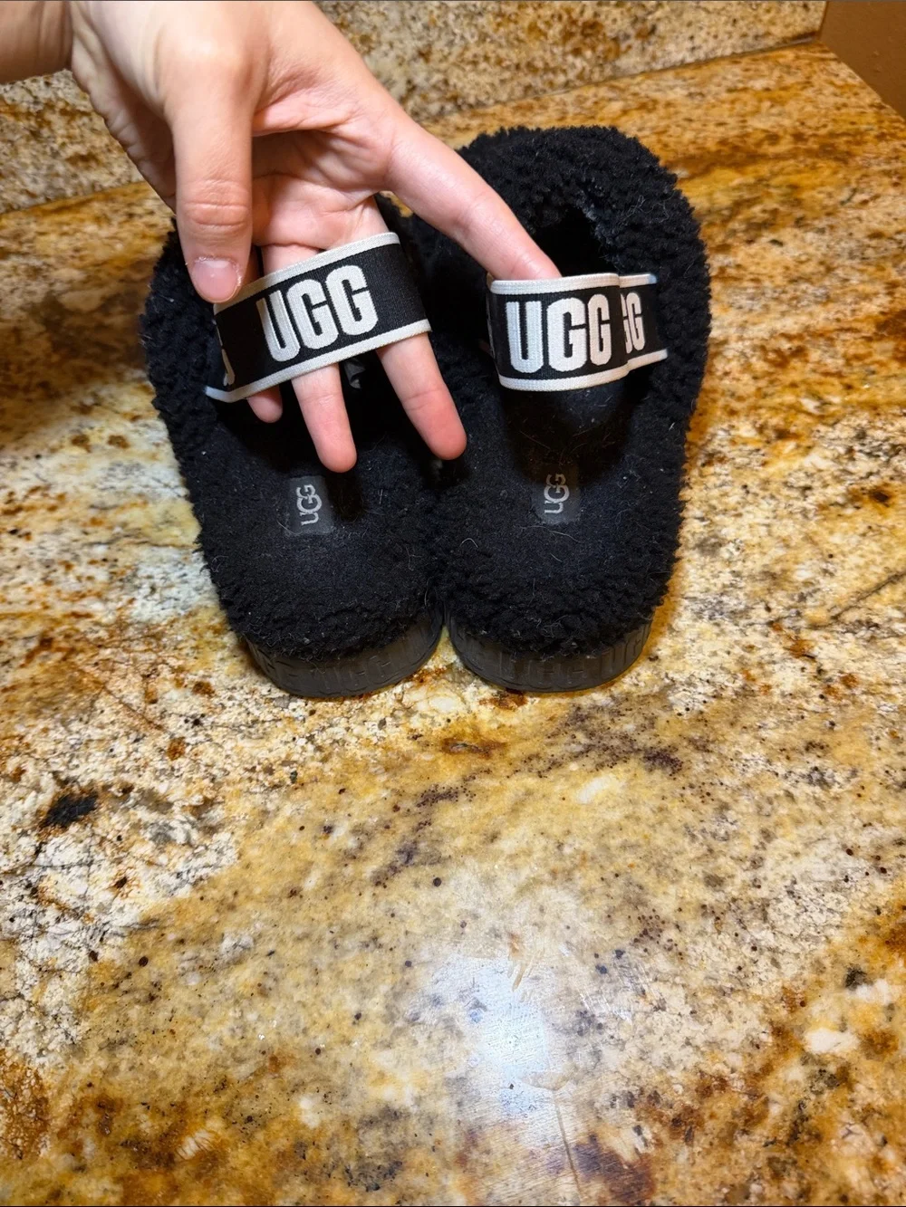UGG Black Fuzzy Slide Sandals with Logo Slingback